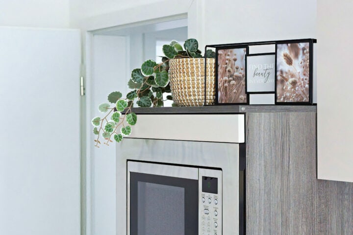 MainZauber Apartments früher MainTerrasse Miltenberg am Main - In der Luxus-Ferienwohnung Altstadt befindet sich eine Mikrowelle unter einem Holzregal mit Pflanzentopf und stilvollem Deko-Bild.