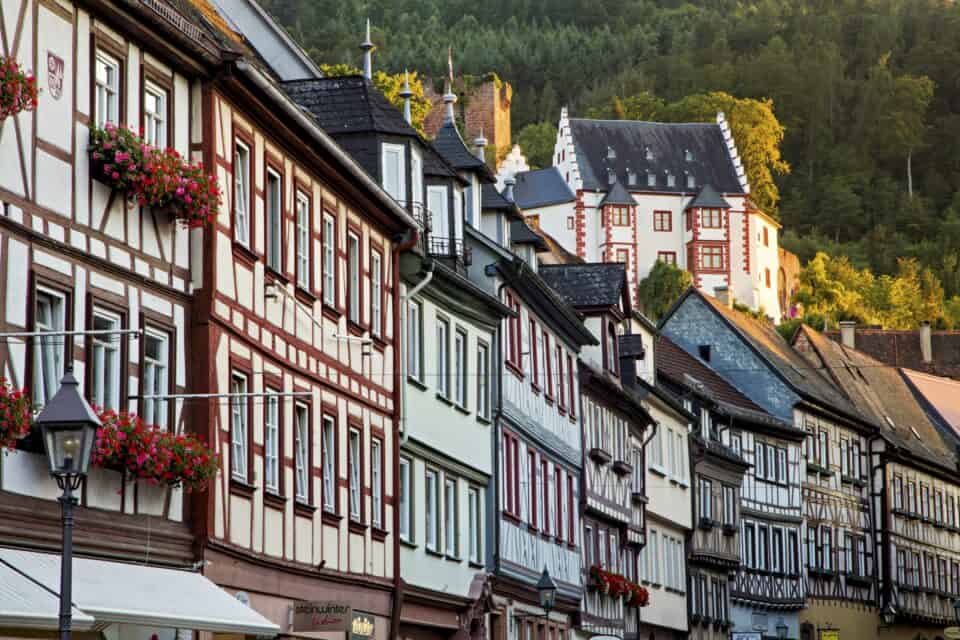 MainZauber Apartments früher MainTerrasse Miltenberg am Main - Entdecken Sie den Charme einer luxuriösen Ferienwohnung inmitten malerischer Umgebung. Stellen Sie sich vor, Sie wohnen in einer eleganten Unterkunft, in der traditionelle Fachwerkhäuser, geschmückt mit leuchtend roten Blumen, die Straße säumen und ein prächtiges Schloss den Hintergrund ziert. Vor üppigen grünen Bäumen wird diese idyllische Szene durch warmes, goldenes Sonnenlicht noch verstärkt – eine perfekte Kulisse für Ihren Traumurlaub. Erleben Sie die ultimative Mischung aus Komfort und zeitloser Schönheit in dieser exquisiten Ferienwohnung.