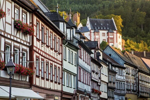 MainZauber Apartments früher MainTerrasse Miltenberg am Main - Entdecken Sie den Charme einer luxuriösen Ferienwohnung inmitten malerischer Umgebung. Stellen Sie sich vor, Sie wohnen in einer eleganten Unterkunft, in der traditionelle Fachwerkhäuser, geschmückt mit leuchtend roten Blumen, die Straße säumen und ein prächtiges Schloss den Hintergrund ziert. Vor üppigen grünen Bäumen wird diese idyllische Szene durch warmes, goldenes Sonnenlicht noch verstärkt – eine perfekte Kulisse für Ihren Traumurlaub. Erleben Sie die ultimative Mischung aus Komfort und zeitloser Schönheit in dieser exquisiten Ferienwohnung.