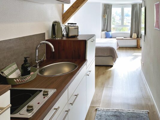 MainZauber Apartments früher MainTerrasse Miltenberg am Main - Entdecken Sie den perfekten Urlaubsort in diesem kompakten Studio-Apartment, maßgeschneidert für Reisende, die eine gemütliche und praktische Unterkunft suchen. Dieses gut ausgestattete Luxus-Apartment für den Urlaub verfügt über eine funktionale Küchenzeile mit Spüle, Elektroherd, Wasserkocher und Toaster, um Ihren Aufenthalt so angenehm wie möglich zu gestalten. Ziehen Sie sich in den sonnendurchfluteten Schlafbereich zurück, der mit hellem Boden und großen Fenstern ausgestattet ist, die den Raum mit natürlichem Licht füllen. Freuen Sie sich über zusätzliche Details wie eine grüne Seifenflasche und ein Tablett neben der Spüle. Ideal für alle, die in ihrem Urlaubserlebnis Einfachheit mit Komfort verbinden möchten.