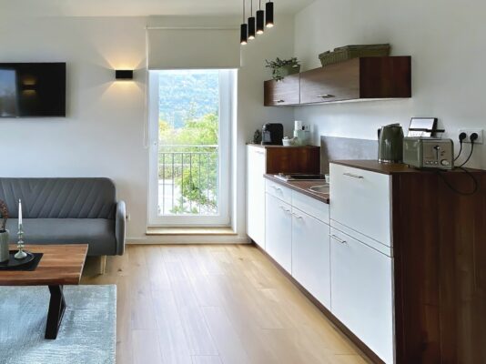 MainZauber Apartments früher MainTerrasse Miltenberg am Main - Entdecken Sie die perfekte Ferienwohnung, die in unseren Luxusunterkünften eine Mischung aus Stil und Komfort bietet. Dieser moderne Wohnbereich verfügt über elegante Holzböden und integriert nahtlos eine schicke Küchenzeile. Entspannen Sie auf dem weichen grauen Sofa oder genießen Sie Unterhaltung auf dem an der Wand montierten Fernseher, umgeben von geschmackvollen weißen Schränken und einem eleganten Couchtisch aus Holz. Das Highlight dieser Luxuswohnung für den Urlaub ist das große Fenster, das einen atemberaubenden Blick auf ruhige Bäume und sanfte Hügel bietet und eine Atmosphäre der Ruhe schafft. Verbessern Sie Ihren Aufenthalt mit praktischen Annehmlichkeiten wie kleinen Haushaltsgeräten und üppigen Topfpflanzen, die die Theke schmücken und es zu einem idealen Rückzugsort für Ihren nächsten Kurzurlaub machen.